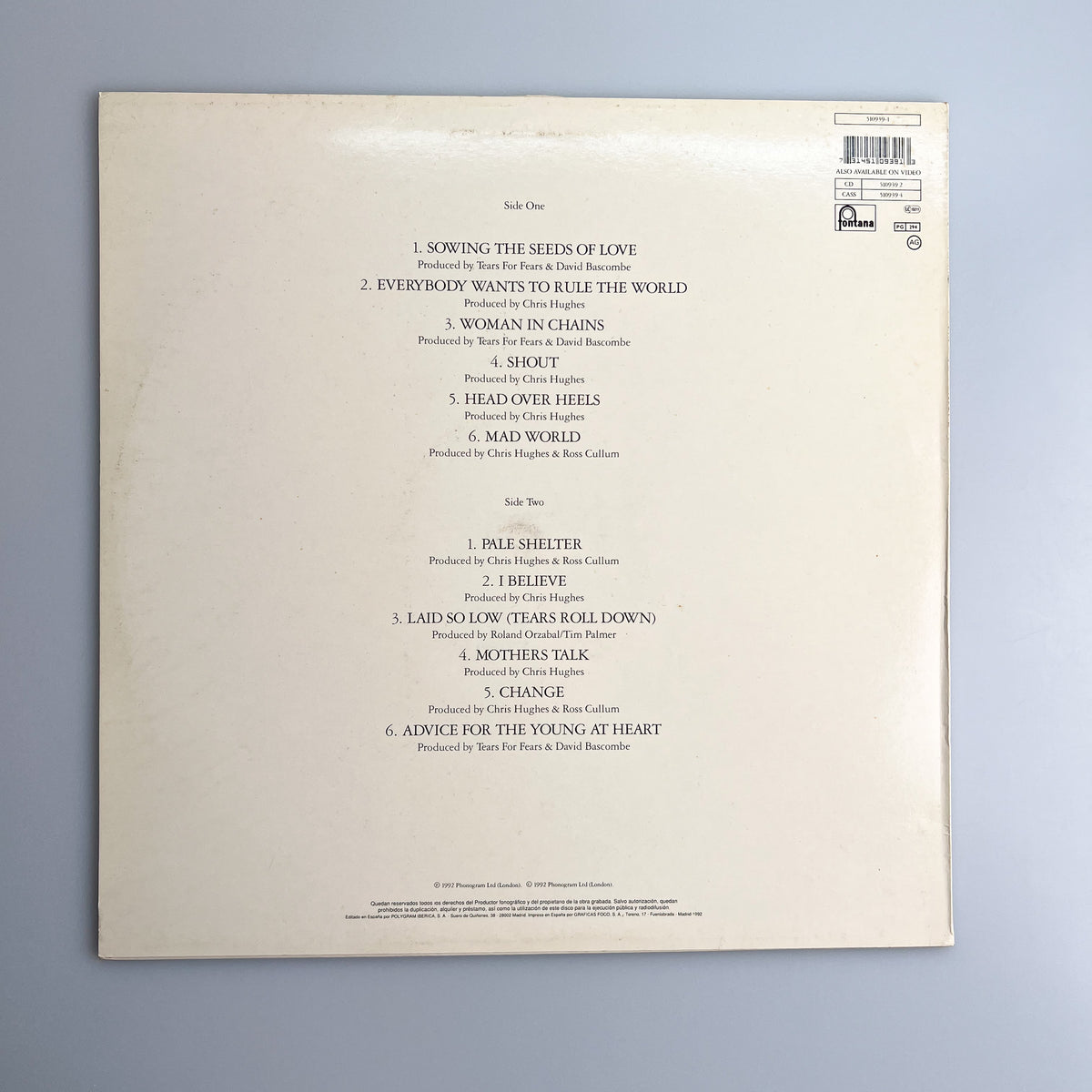 LP. Tears For Fears. Tears Roll Down (Greatest Hits 82-92