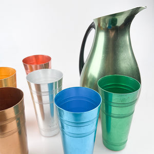 Anodized aluminum jug and glasses set, 1970's 