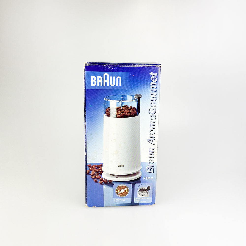 Braun KSM2 grinder designed by Hartwig Kahlcke and Dieter Rams in 1979. With box.
