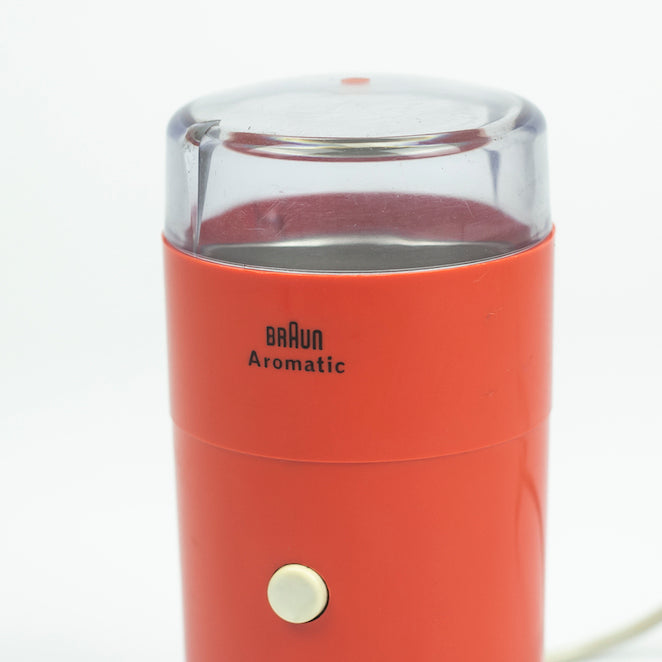 Braun Aromatic CR2 red, Reinhold Weiss in 1967. Coffe Grinder. – falsotecho