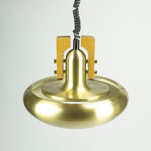 Nordic style ceiling lamp, brass and wood. 1970's