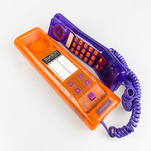 Teléfono Swatch Twinphone morado y naranja, 1989.