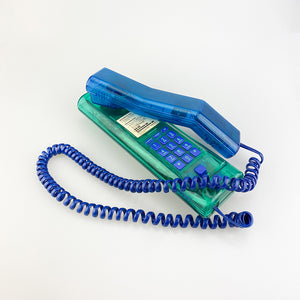 Téléphone semi-transparent bleu et vert Swatch Twinphone, 1989.