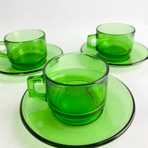 3 Green Vereco coffee cups. 1970's